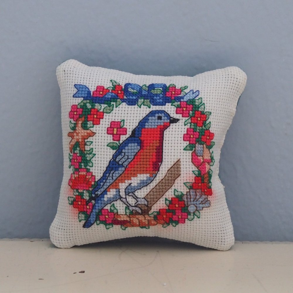 Handmade Bluebird Cross-Stitch Pincushion